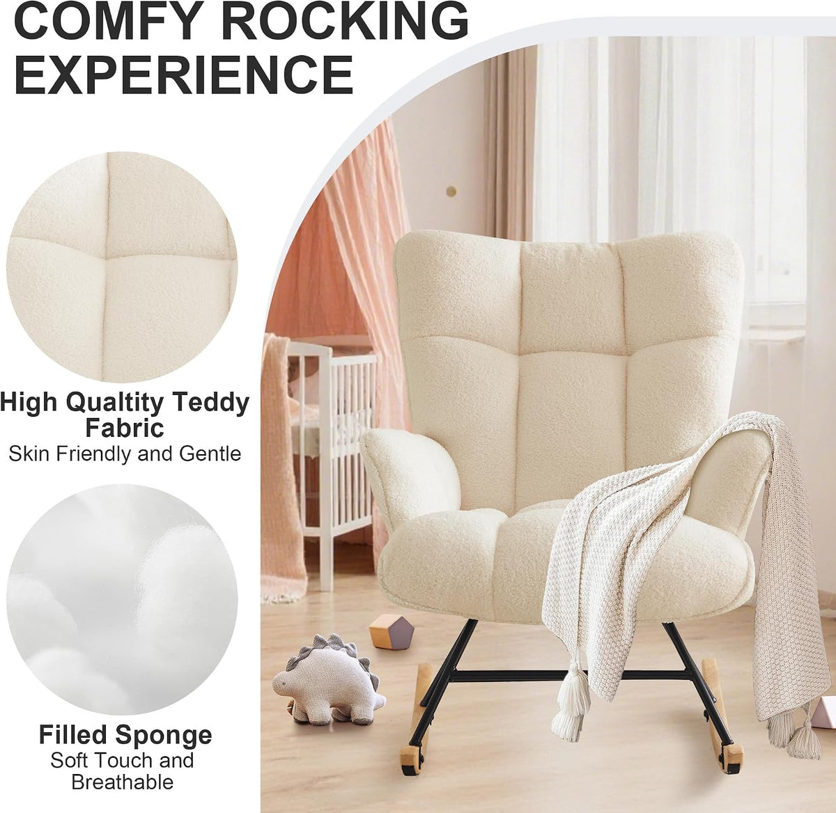 Rocking Chair Nursery Teddy Upholstered Glider Rocker Rocking Accent Chair Padded Seat with High Backrest Armchair Comfy Side Chair for Living Room Bedroom Offices (Black Teddy)