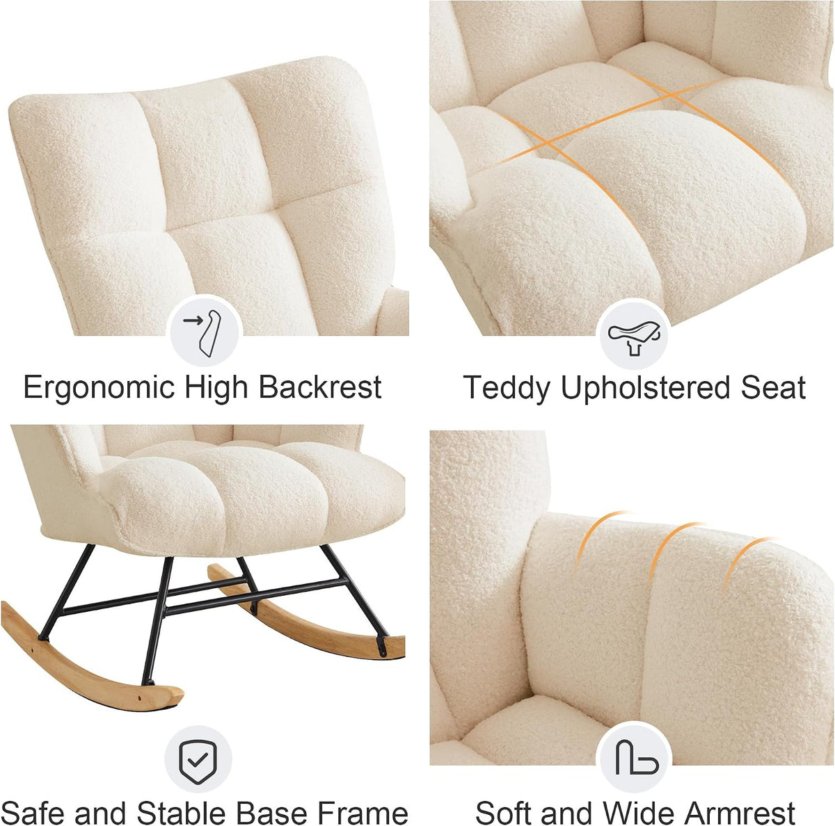 Rocking Chair Nursery Teddy Upholstered Glider Rocker Rocking Accent Chair Padded Seat with High Backrest Armchair Comfy Side Chair for Living Room Bedroom Offices (Black Teddy)
