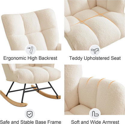 Rocking Chair Nursery Teddy Upholstered Glider Rocker Rocking Accent Chair Padded Seat with High Backrest Armchair Comfy Side Chair for Living Room Bedroom Offices (Black Teddy)