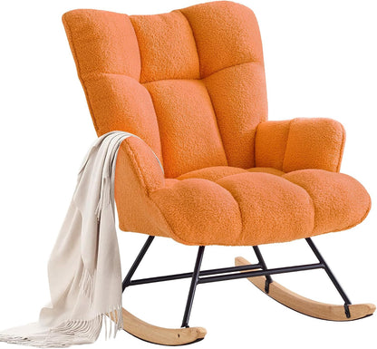 Rocking Chair Nursery Teddy Upholstered Glider Rocker Rocking Accent Chair Padded Seat with High Backrest Armchair Comfy Side Chair for Living Room Bedroom Offices (Black Teddy)