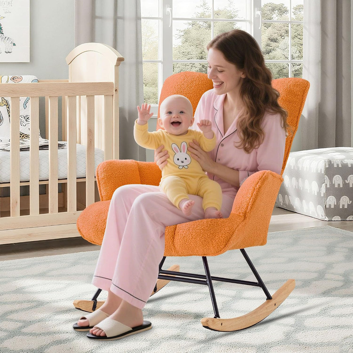Rocking Chair Nursery Teddy Upholstered Glider Rocker Rocking Accent Chair Padded Seat with High Backrest Armchair Comfy Side Chair for Living Room Bedroom Offices (Black Teddy)