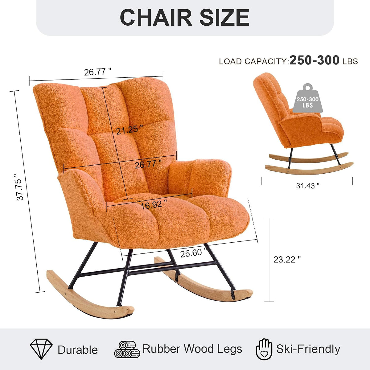 Rocking Chair Nursery Teddy Upholstered Glider Rocker Rocking Accent Chair Padded Seat with High Backrest Armchair Comfy Side Chair for Living Room Bedroom Offices (Black Teddy)