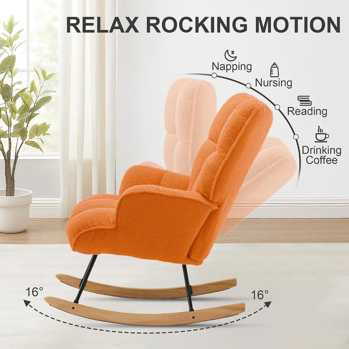 Rocking Chair Nursery Teddy Upholstered Glider Rocker Rocking Accent Chair Padded Seat with High Backrest Armchair Comfy Side Chair for Living Room Bedroom Offices (Black Teddy)