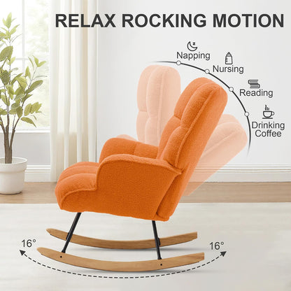 Rocking Chair Nursery Teddy Upholstered Glider Rocker Rocking Accent Chair Padded Seat with High Backrest Armchair Comfy Side Chair for Living Room Bedroom Offices (Black Teddy)