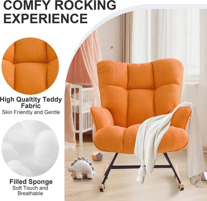 Rocking Chair Nursery Teddy Upholstered Glider Rocker Rocking Accent Chair Padded Seat with High Backrest Armchair Comfy Side Chair for Living Room Bedroom Offices (Black Teddy)