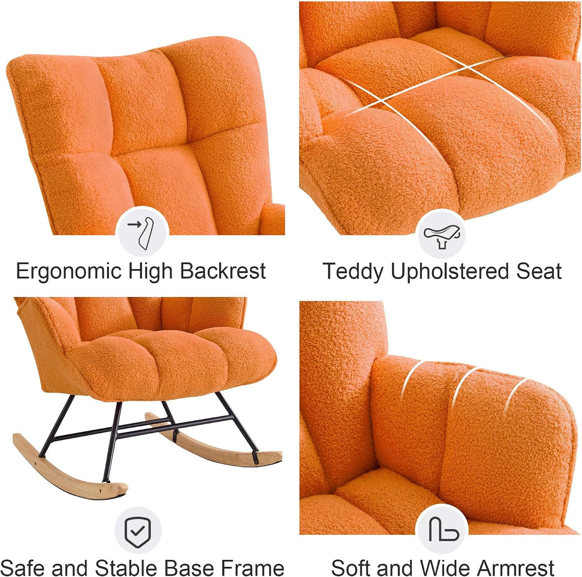 Rocking Chair Nursery Teddy Upholstered Glider Rocker Rocking Accent Chair Padded Seat with High Backrest Armchair Comfy Side Chair for Living Room Bedroom Offices (Black Teddy)