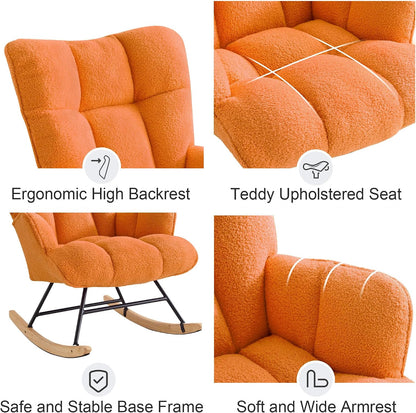 Rocking Chair Nursery Teddy Upholstered Glider Rocker Rocking Accent Chair Padded Seat with High Backrest Armchair Comfy Side Chair for Living Room Bedroom Offices (Black Teddy)