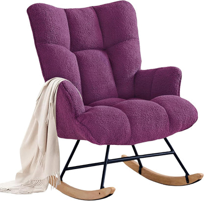 Rocking Chair Nursery Teddy Upholstered Glider Rocker Rocking Accent Chair Padded Seat with High Backrest Armchair Comfy Side Chair for Living Room Bedroom Offices (Black Teddy)
