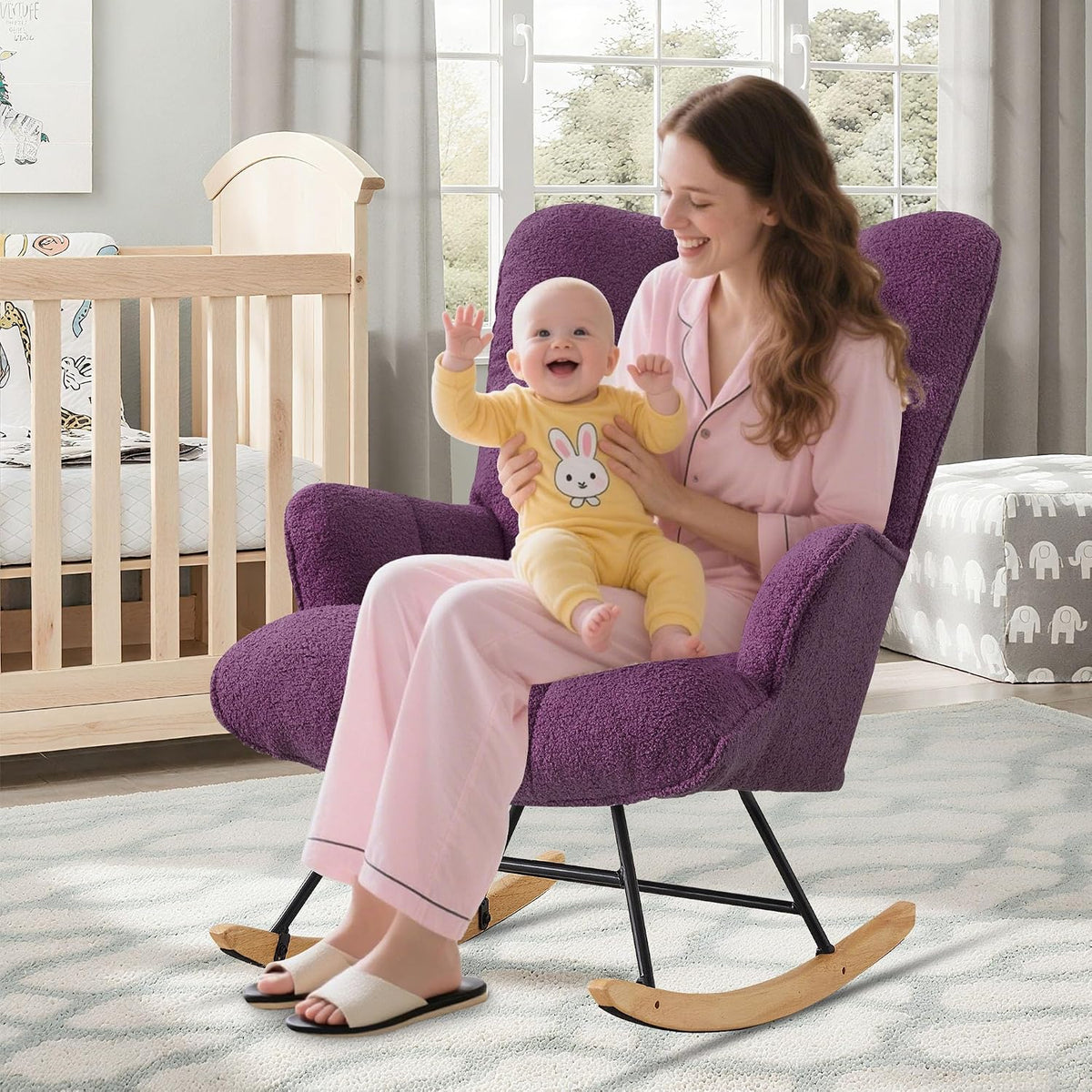 Rocking Chair Nursery Teddy Upholstered Glider Rocker Rocking Accent Chair Padded Seat with High Backrest Armchair Comfy Side Chair for Living Room Bedroom Offices (Black Teddy)
