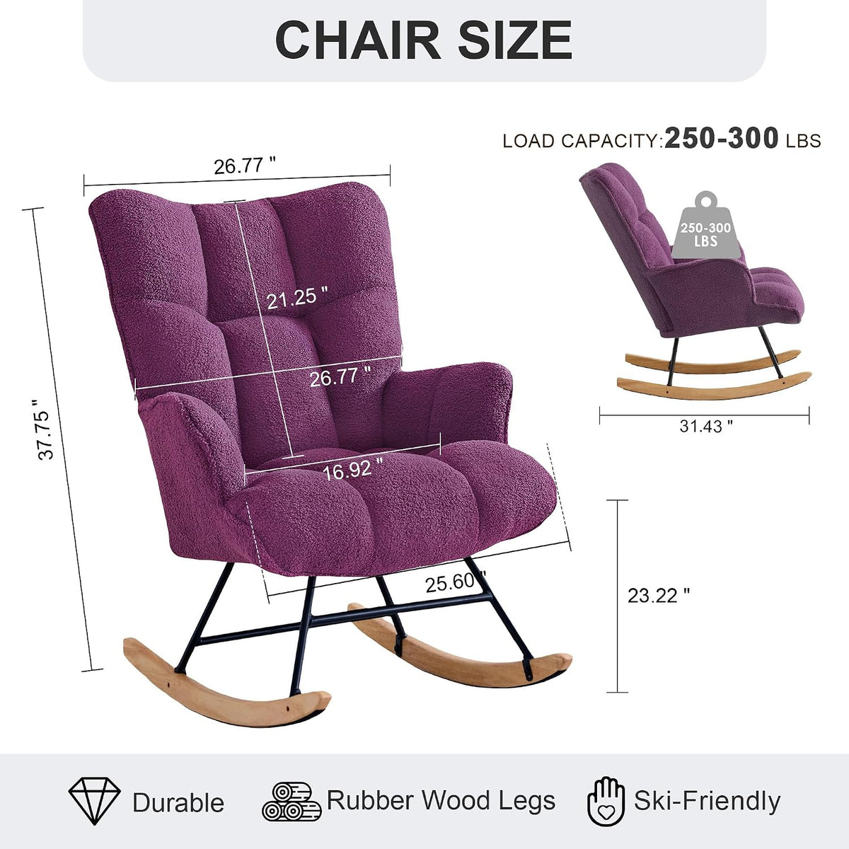 Rocking Chair Nursery Teddy Upholstered Glider Rocker Rocking Accent Chair Padded Seat with High Backrest Armchair Comfy Side Chair for Living Room Bedroom Offices (Black Teddy)