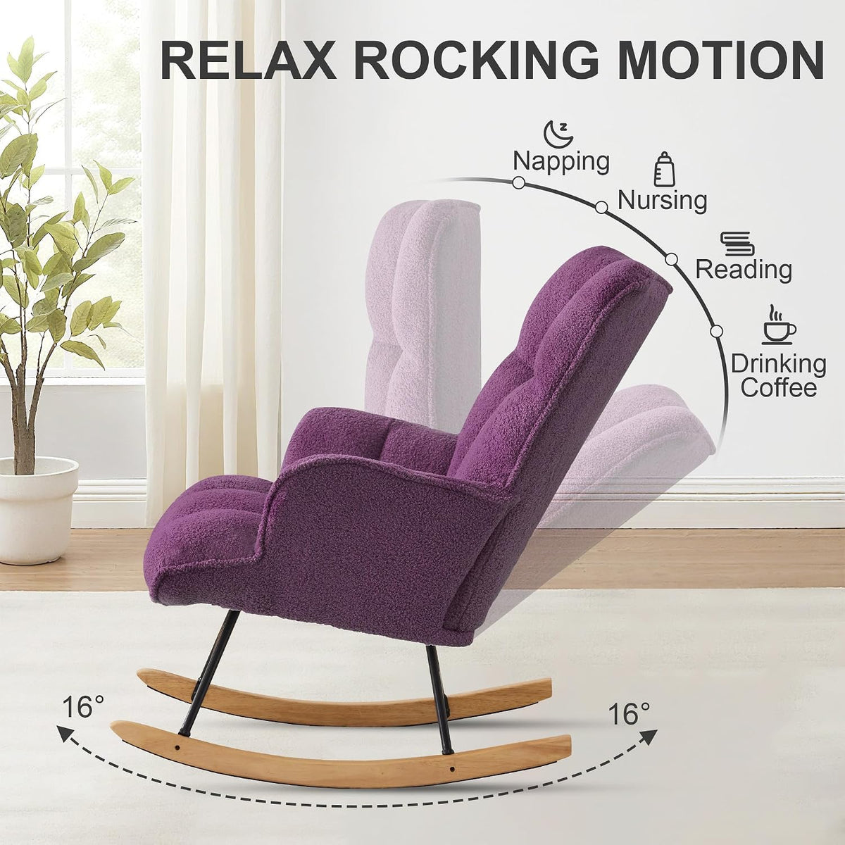 Rocking Chair Nursery Teddy Upholstered Glider Rocker Rocking Accent Chair Padded Seat with High Backrest Armchair Comfy Side Chair for Living Room Bedroom Offices (Black Teddy)