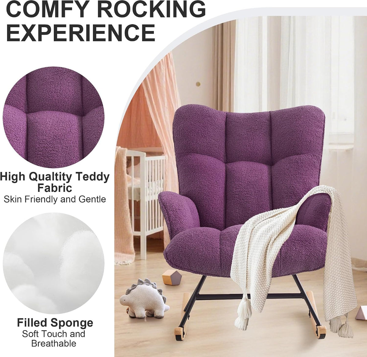 Rocking Chair Nursery Teddy Upholstered Glider Rocker Rocking Accent Chair Padded Seat with High Backrest Armchair Comfy Side Chair for Living Room Bedroom Offices (Black Teddy)