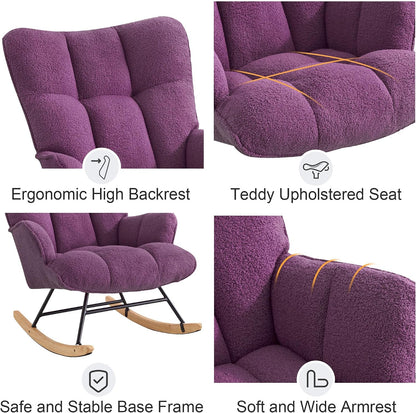 Rocking Chair Nursery Teddy Upholstered Glider Rocker Rocking Accent Chair Padded Seat with High Backrest Armchair Comfy Side Chair for Living Room Bedroom Offices (Black Teddy)