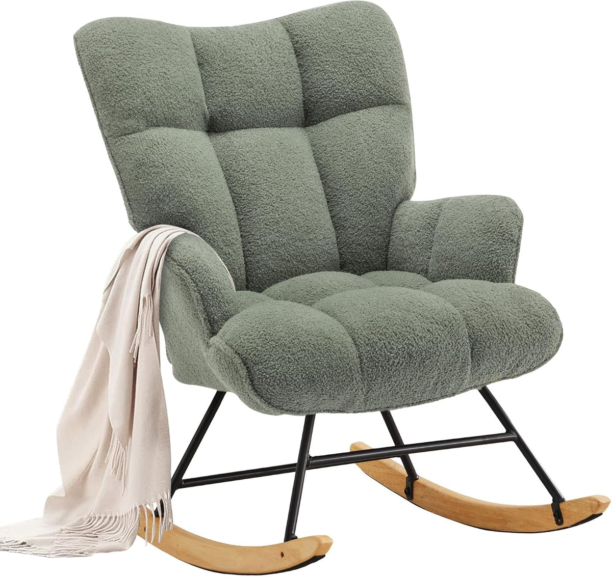 Rocking Chair Nursery Teddy Upholstered Glider Rocker Rocking Accent Chair Padded Seat with High Backrest Armchair Comfy Side Chair for Living Room Bedroom Offices (Black Teddy)