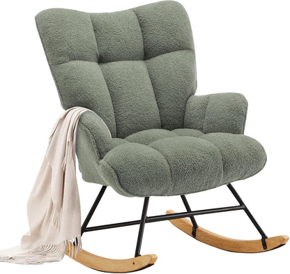Rocking Chair Nursery Teddy Upholstered Glider Rocker Rocking Accent Chair Padded Seat with High Backrest Armchair Comfy Side Chair for Living Room Bedroom Offices (Black Teddy)