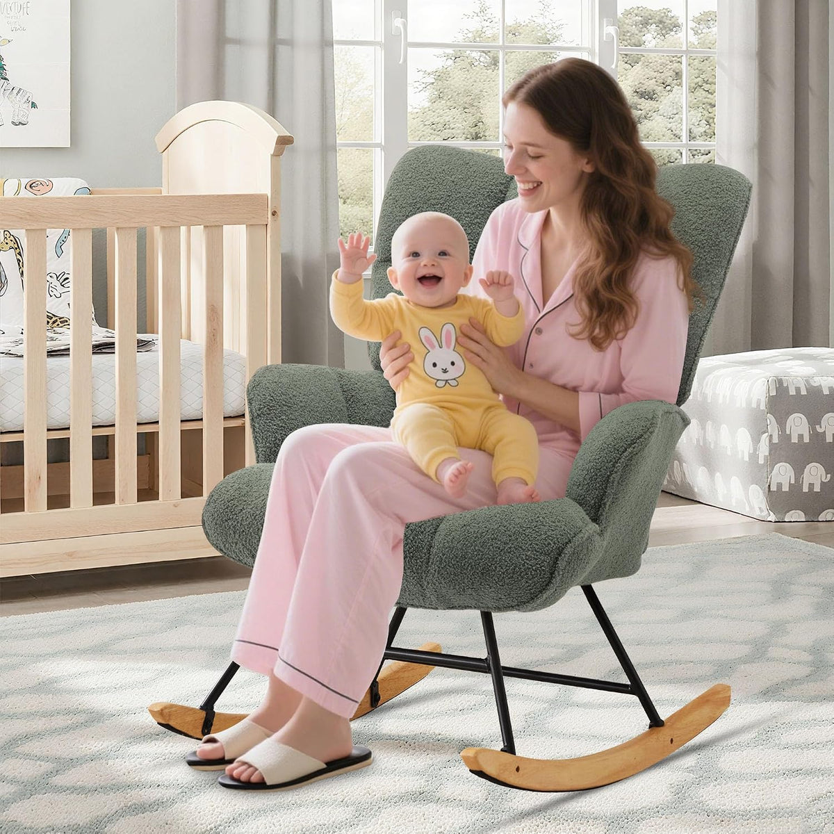Rocking Chair Nursery Teddy Upholstered Glider Rocker Rocking Accent Chair Padded Seat with High Backrest Armchair Comfy Side Chair for Living Room Bedroom Offices (Black Teddy)