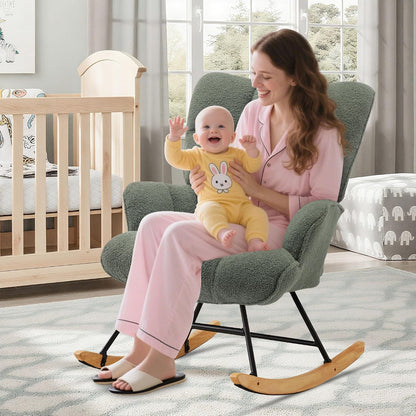 Rocking Chair Nursery Teddy Upholstered Glider Rocker Rocking Accent Chair Padded Seat with High Backrest Armchair Comfy Side Chair for Living Room Bedroom Offices (Black Teddy)