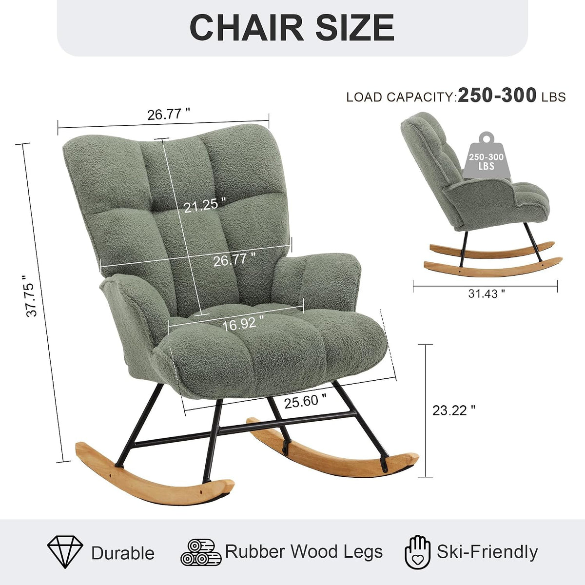 Rocking Chair Nursery Teddy Upholstered Glider Rocker Rocking Accent Chair Padded Seat with High Backrest Armchair Comfy Side Chair for Living Room Bedroom Offices (Black Teddy)