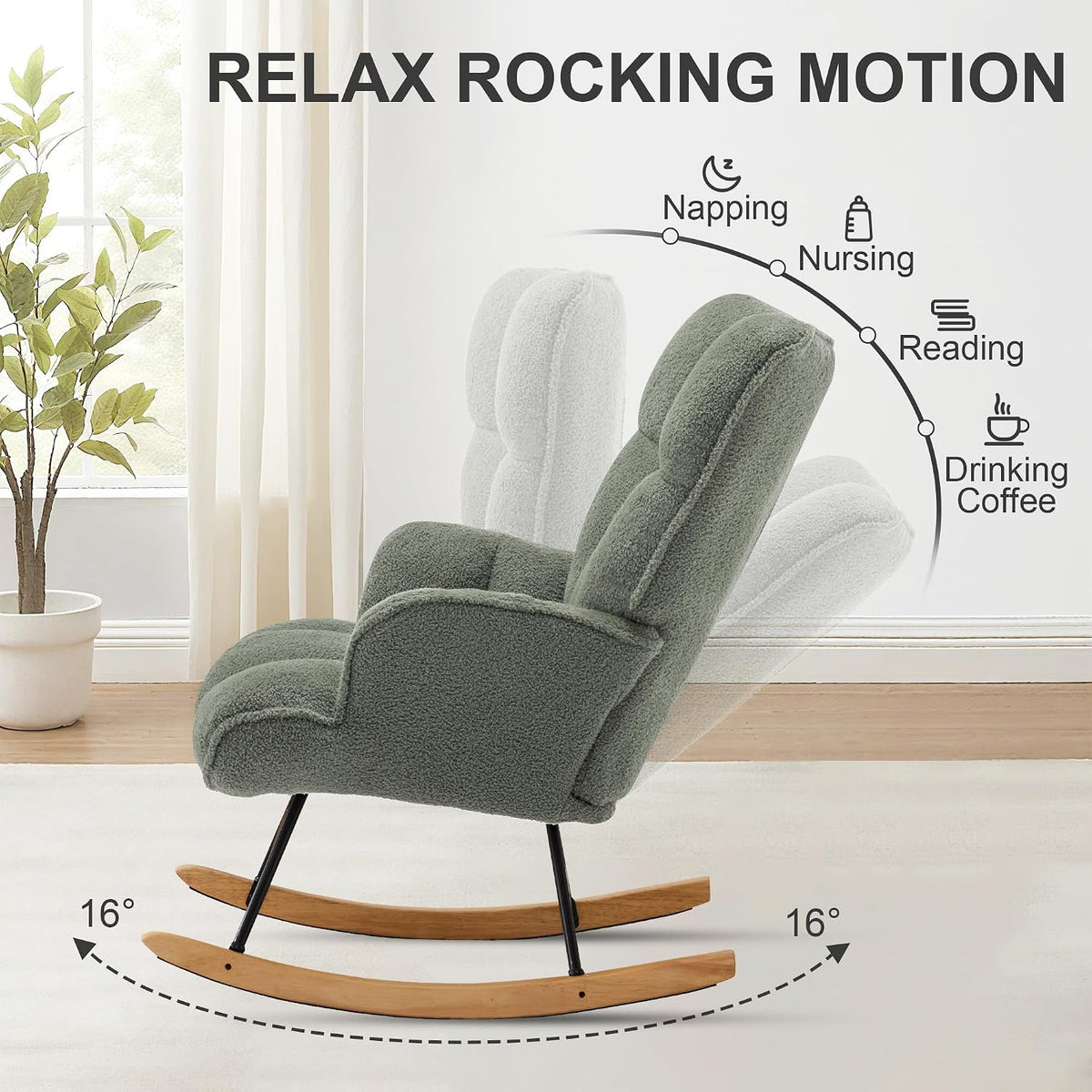 Rocking Chair Nursery Teddy Upholstered Glider Rocker Rocking Accent Chair Padded Seat with High Backrest Armchair Comfy Side Chair for Living Room Bedroom Offices (Black Teddy)