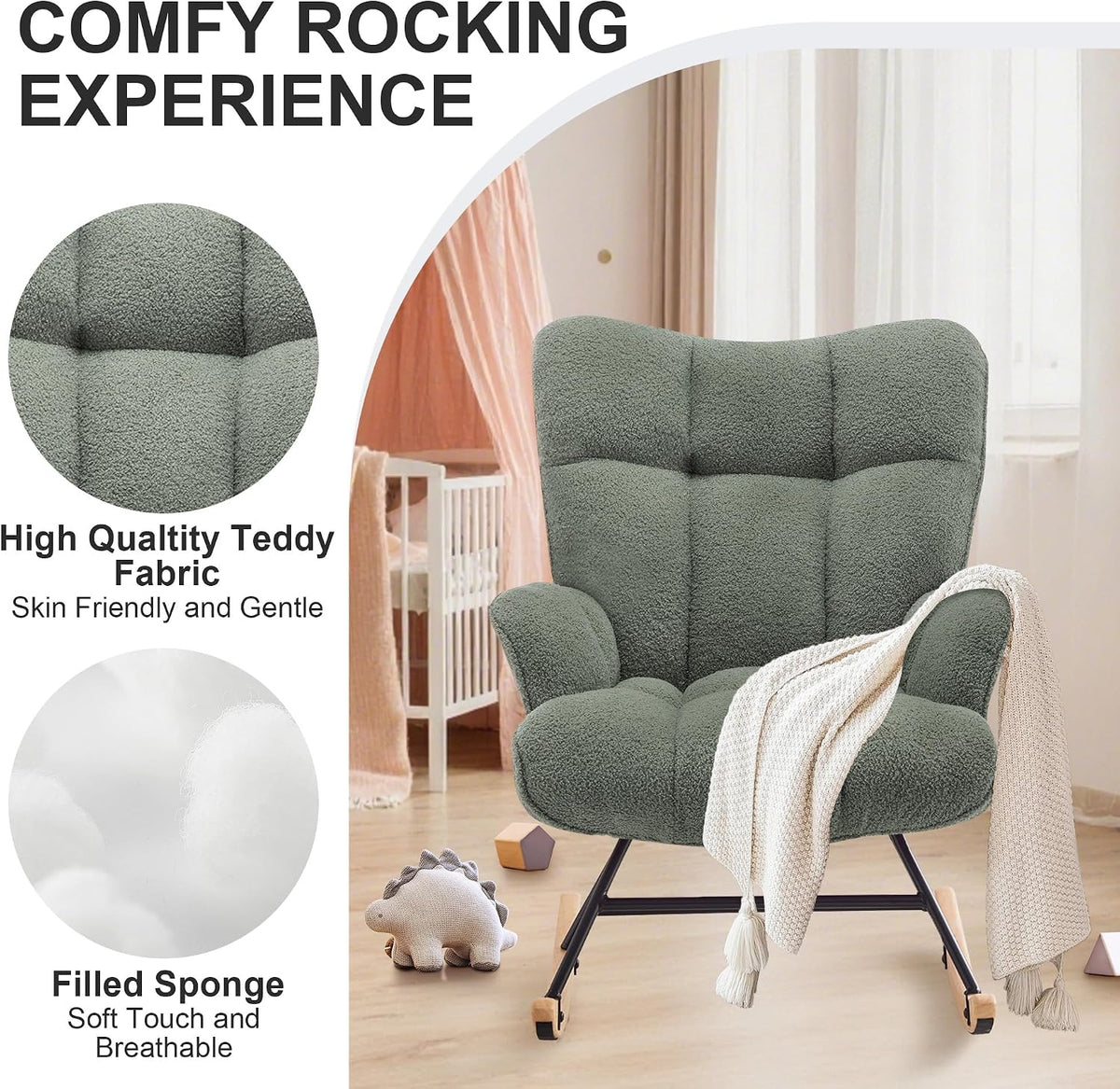 Rocking Chair Nursery Teddy Upholstered Glider Rocker Rocking Accent Chair Padded Seat with High Backrest Armchair Comfy Side Chair for Living Room Bedroom Offices (Black Teddy)