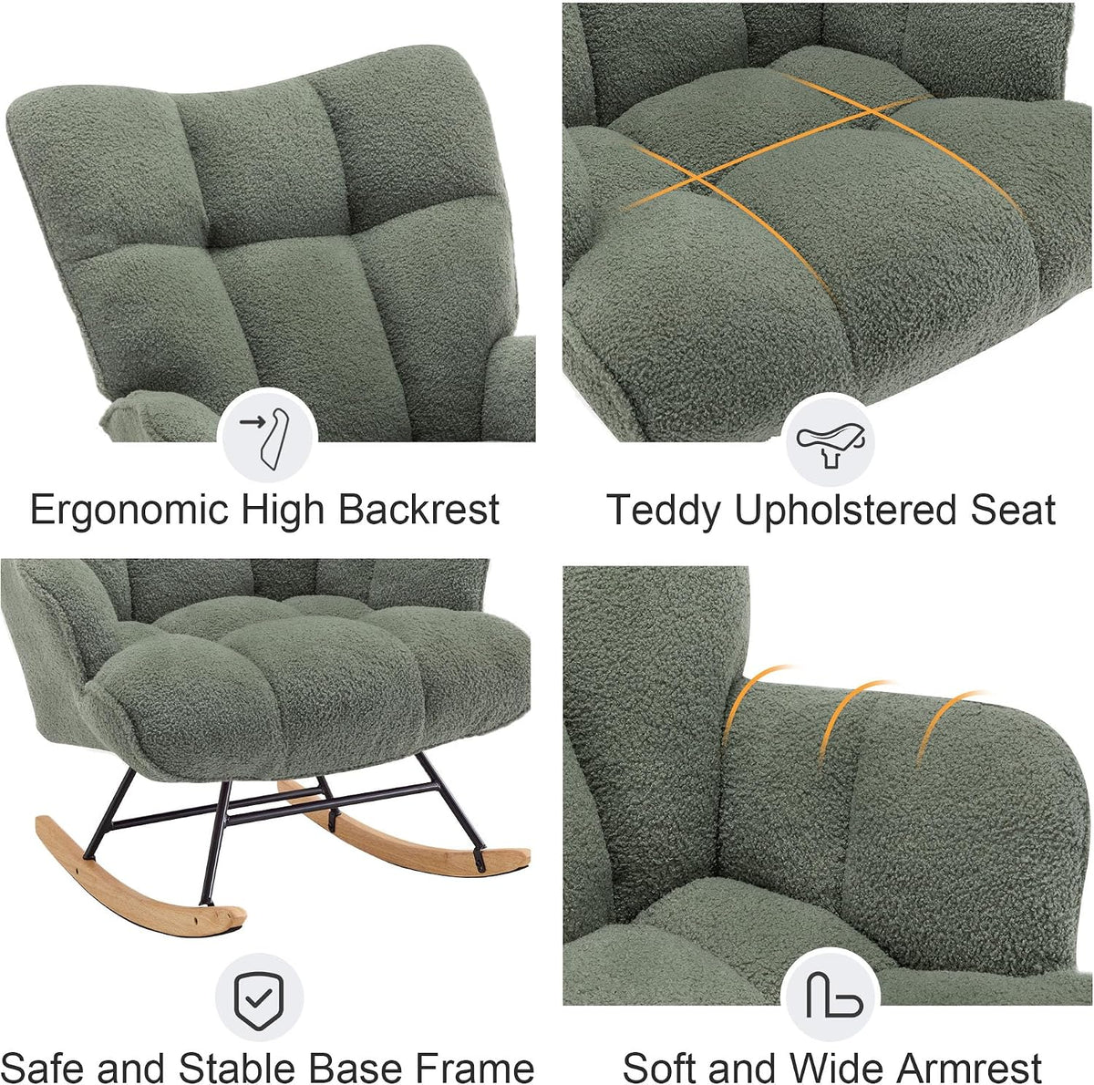 Rocking Chair Nursery Teddy Upholstered Glider Rocker Rocking Accent Chair Padded Seat with High Backrest Armchair Comfy Side Chair for Living Room Bedroom Offices (Black Teddy)