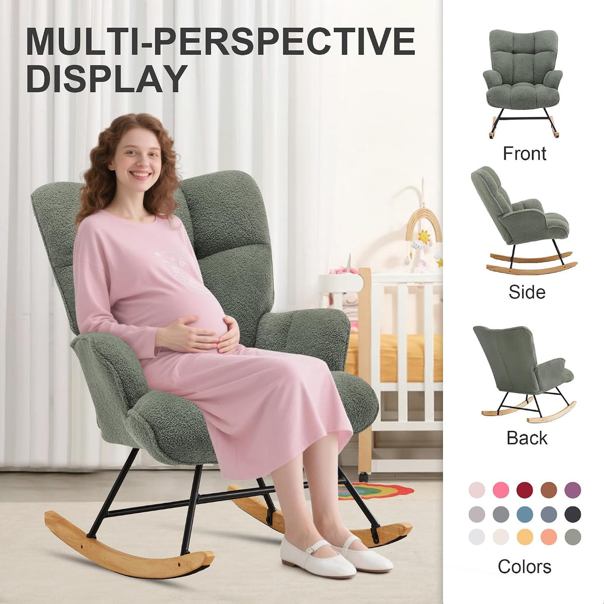 Rocking Chair Nursery Teddy Upholstered Glider Rocker Rocking Accent Chair Padded Seat with High Backrest Armchair Comfy Side Chair for Living Room Bedroom Offices (Black Teddy)
