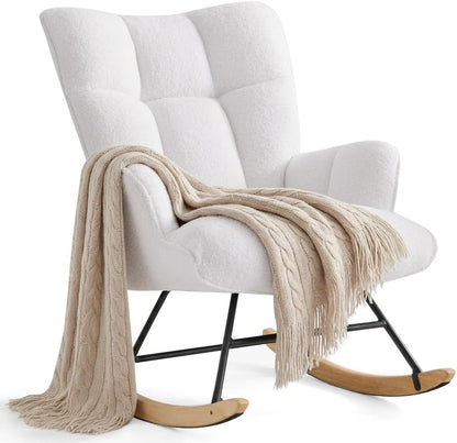 Rocking Chair Nursery Teddy Upholstered Glider Rocker Rocking Accent Chair Padded Seat with High Backrest Armchair Comfy Side Chair for Living Room Bedroom Offices (Black Teddy)