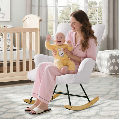 Rocking Chair Nursery Teddy Upholstered Glider Rocker Rocking Accent Chair Padded Seat with High Backrest Armchair Comfy Side Chair for Living Room Bedroom Offices (Black Teddy)