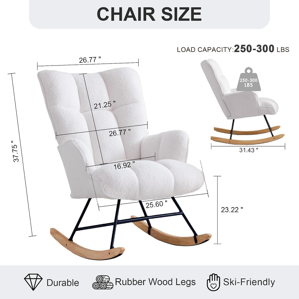 Rocking Chair Nursery Teddy Upholstered Glider Rocker Rocking Accent Chair Padded Seat with High Backrest Armchair Comfy Side Chair for Living Room Bedroom Offices (Black Teddy)