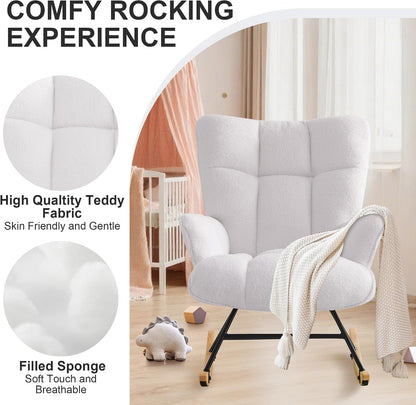 Rocking Chair Nursery Teddy Upholstered Glider Rocker Rocking Accent Chair Padded Seat with High Backrest Armchair Comfy Side Chair for Living Room Bedroom Offices (Black Teddy)