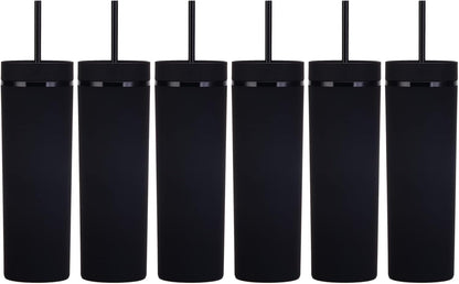 Matte Black Tumblers with Lids and Straws.16oz Skinny Tumblers Bulk.Double Walled Plastic Acrylic Pastel Tumblers Cups for Iced Coffee Smoothie.DIY Silm Tumbler.