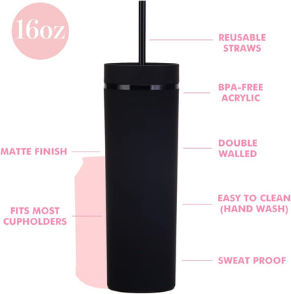 Matte Black Tumblers with Lids and Straws.16oz Skinny Tumblers Bulk.Double Walled Plastic Acrylic Pastel Tumblers Cups for Iced Coffee Smoothie.DIY Silm Tumbler.