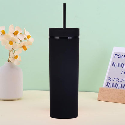 Matte Black Tumblers with Lids and Straws.16oz Skinny Tumblers Bulk.Double Walled Plastic Acrylic Pastel Tumblers Cups for Iced Coffee Smoothie.DIY Silm Tumbler.