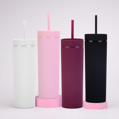 Matte Black Tumblers with Lids and Straws.16oz Skinny Tumblers Bulk.Double Walled Plastic Acrylic Pastel Tumblers Cups for Iced Coffee Smoothie.DIY Silm Tumbler.