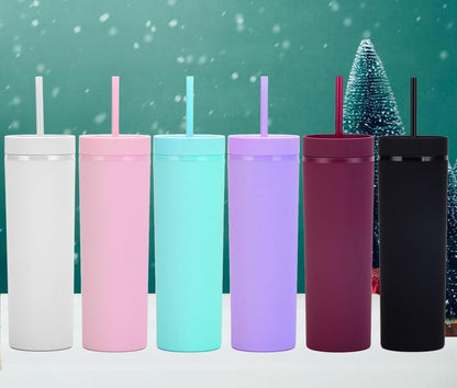 Matte Black Tumblers with Lids and Straws.16oz Skinny Tumblers Bulk.Double Walled Plastic Acrylic Pastel Tumblers Cups for Iced Coffee Smoothie.DIY Silm Tumbler.