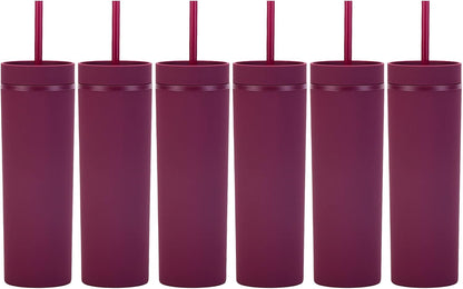 Matte Black Tumblers with Lids and Straws.16oz Skinny Tumblers Bulk.Double Walled Plastic Acrylic Pastel Tumblers Cups for Iced Coffee Smoothie.DIY Silm Tumbler.