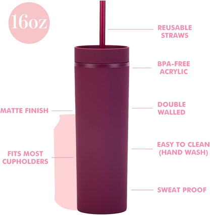Matte Black Tumblers with Lids and Straws.16oz Skinny Tumblers Bulk.Double Walled Plastic Acrylic Pastel Tumblers Cups for Iced Coffee Smoothie.DIY Silm Tumbler.