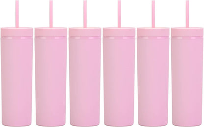 Matte Black Tumblers with Lids and Straws.16oz Skinny Tumblers Bulk.Double Walled Plastic Acrylic Pastel Tumblers Cups for Iced Coffee Smoothie.DIY Silm Tumbler.