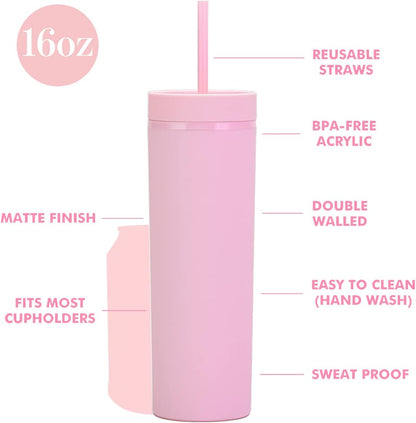 Matte Black Tumblers with Lids and Straws.16oz Skinny Tumblers Bulk.Double Walled Plastic Acrylic Pastel Tumblers Cups for Iced Coffee Smoothie.DIY Silm Tumbler.