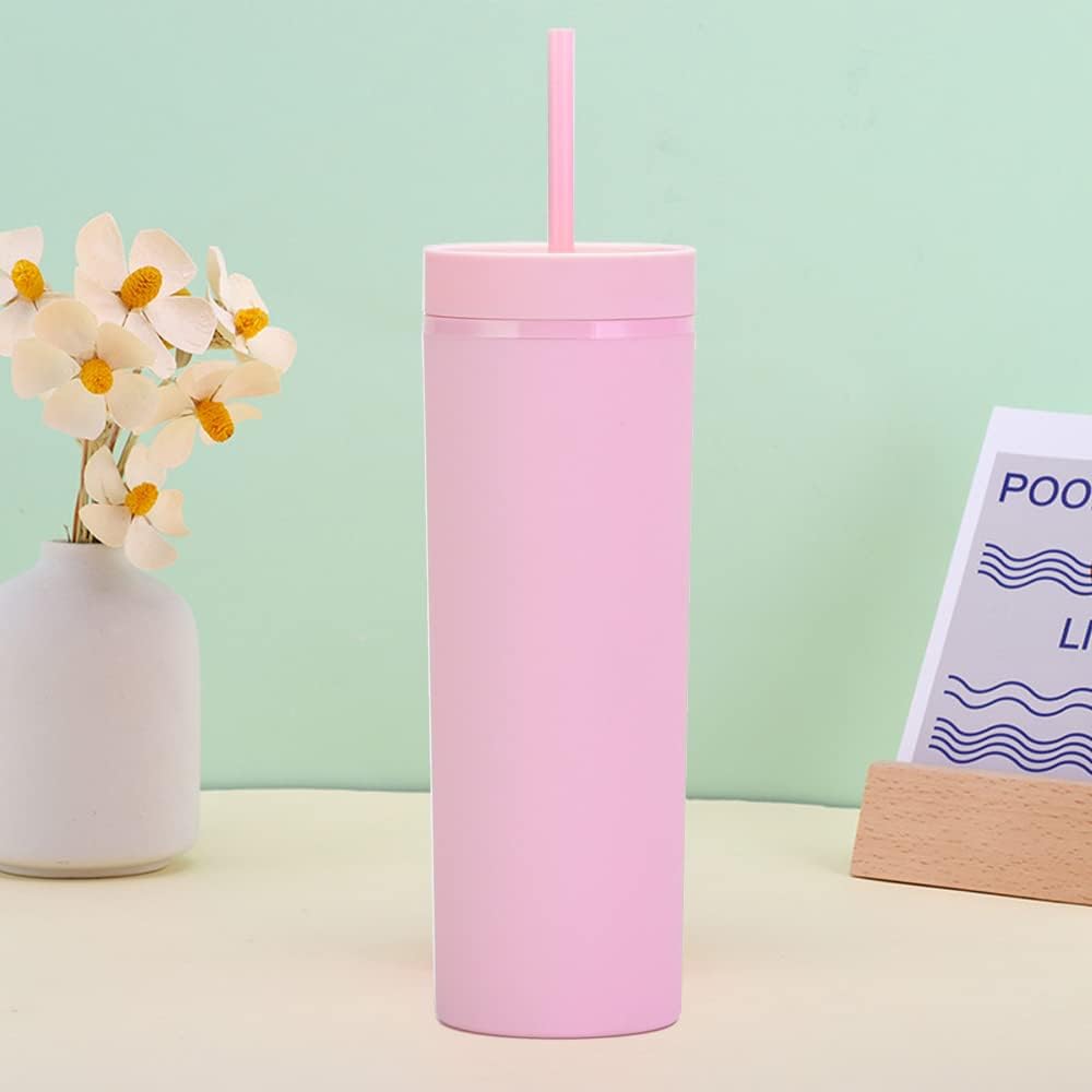 Matte Black Tumblers with Lids and Straws.16oz Skinny Tumblers Bulk.Double Walled Plastic Acrylic Pastel Tumblers Cups for Iced Coffee Smoothie.DIY Silm Tumbler.