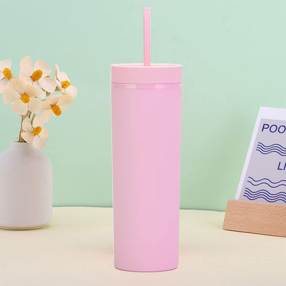 Matte Black Tumblers with Lids and Straws.16oz Skinny Tumblers Bulk.Double Walled Plastic Acrylic Pastel Tumblers Cups for Iced Coffee Smoothie.DIY Silm Tumbler.