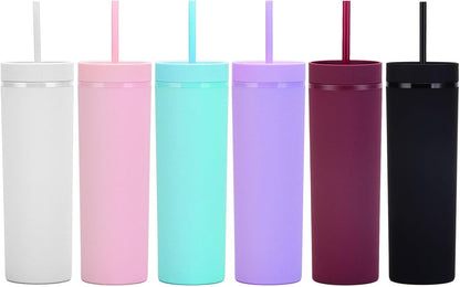 Matte Black Tumblers with Lids and Straws.16oz Skinny Tumblers Bulk.Double Walled Plastic Acrylic Pastel Tumblers Cups for Iced Coffee Smoothie.DIY Silm Tumbler.