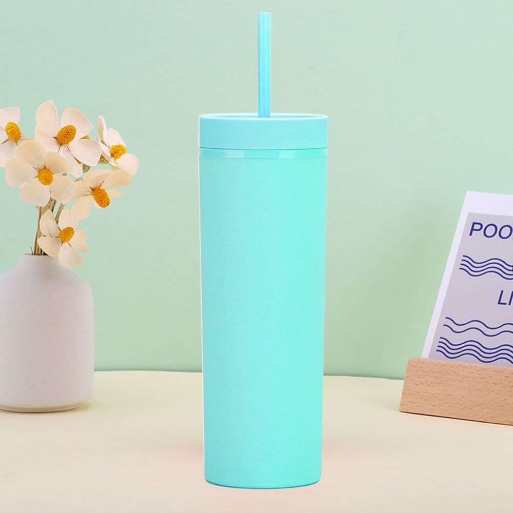 Matte Black Tumblers with Lids and Straws.16oz Skinny Tumblers Bulk.Double Walled Plastic Acrylic Pastel Tumblers Cups for Iced Coffee Smoothie.DIY Silm Tumbler.