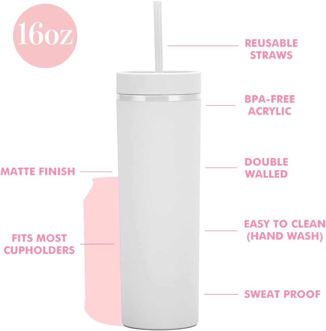 Matte Black Tumblers with Lids and Straws.16oz Skinny Tumblers Bulk.Double Walled Plastic Acrylic Pastel Tumblers Cups for Iced Coffee Smoothie.DIY Silm Tumbler.
