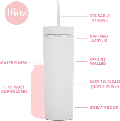 Matte Black Tumblers with Lids and Straws.16oz Skinny Tumblers Bulk.Double Walled Plastic Acrylic Pastel Tumblers Cups for Iced Coffee Smoothie.DIY Silm Tumbler.