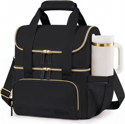 Double Layer Insulated Lunch Bag with Shoulder Strap, 12L, Black | Leakproof Ice Cooler Base, Cup Holder Buckle & Mesh Utensil Pocket, Oxford Waterproof Fabric, 3-Way Carry
