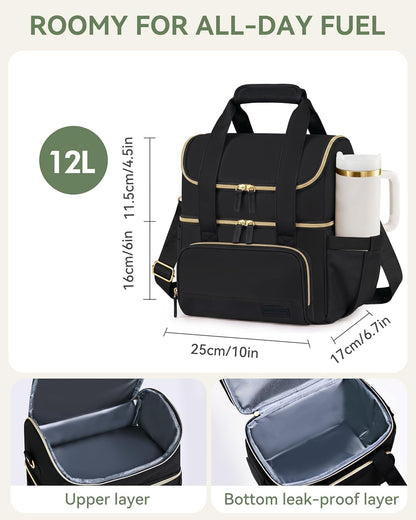 Double Layer Insulated Lunch Bag with Shoulder Strap, 12L, Black | Leakproof Ice Cooler Base, Cup Holder Buckle & Mesh Utensil Pocket, Oxford Waterproof Fabric, 3-Way Carry