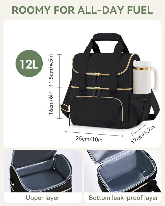 Double Layer Insulated Lunch Bag with Shoulder Strap, 12L, Black | Leakproof Ice Cooler Base, Cup Holder Buckle & Mesh Utensil Pocket, Oxford Waterproof Fabric, 3-Way Carry