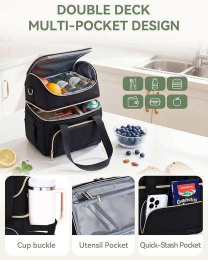 Double Layer Insulated Lunch Bag with Shoulder Strap, 12L, Black | Leakproof Ice Cooler Base, Cup Holder Buckle & Mesh Utensil Pocket, Oxford Waterproof Fabric, 3-Way Carry