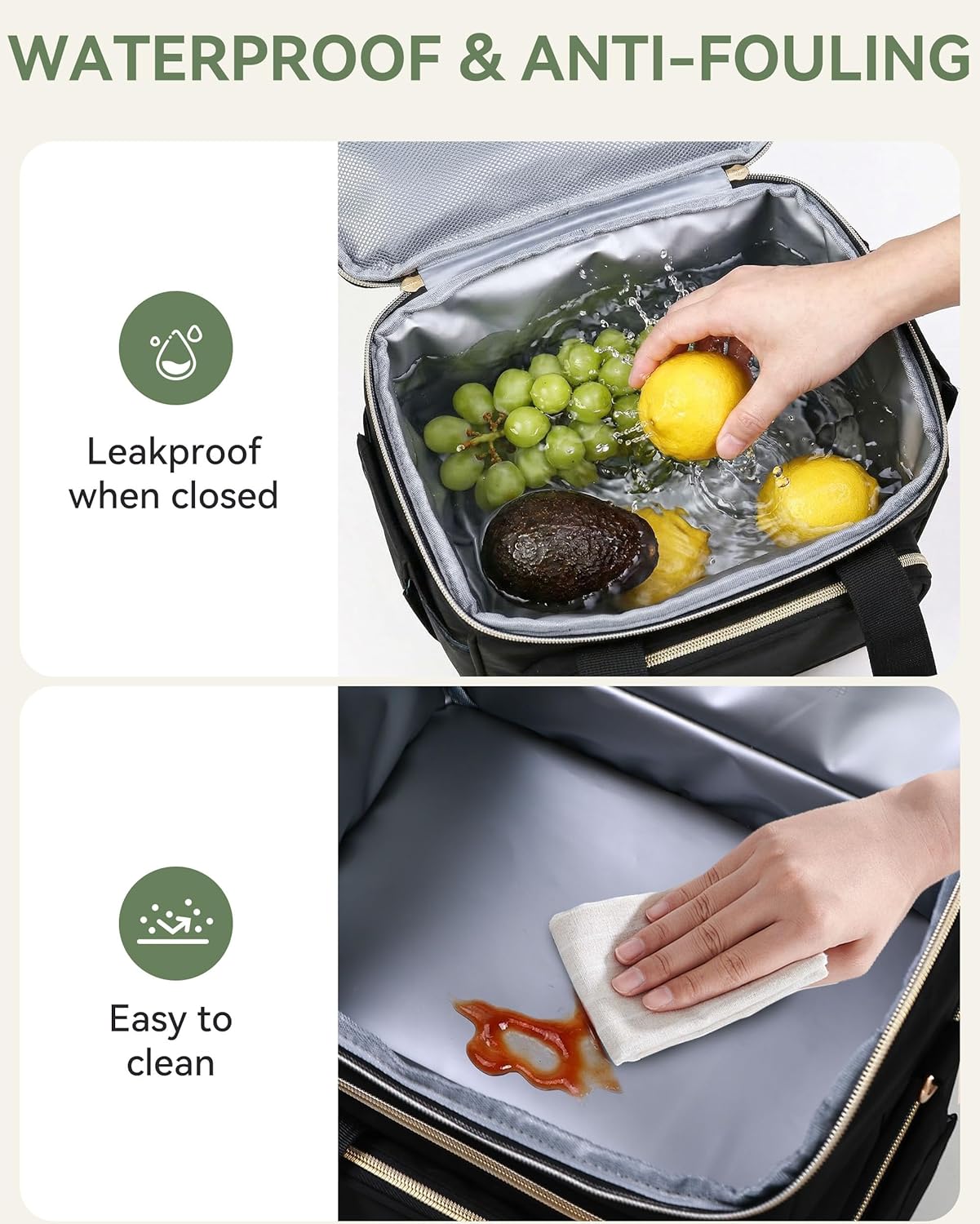 Double Layer Insulated Lunch Bag with Shoulder Strap, 12L, Black | Leakproof Ice Cooler Base, Cup Holder Buckle & Mesh Utensil Pocket, Oxford Waterproof Fabric, 3-Way Carry